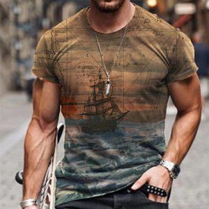 Men's Graphic Print T-Shirt Sailing Nautical Sailors Tee Gray